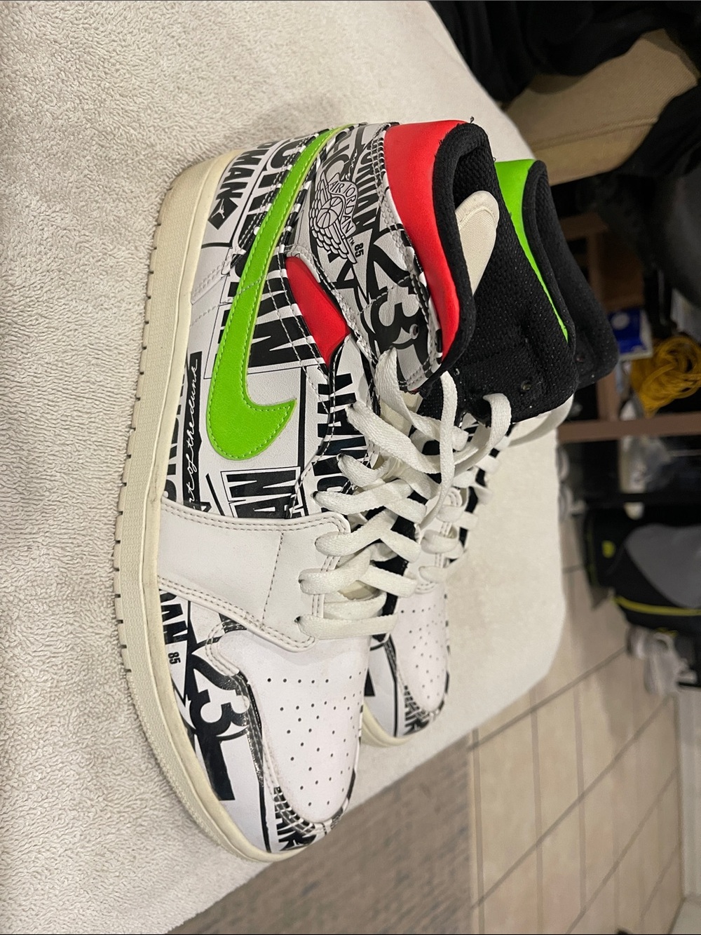 Jordan Men’s High-Top Sneakers — White with Black, Blue & Green Details